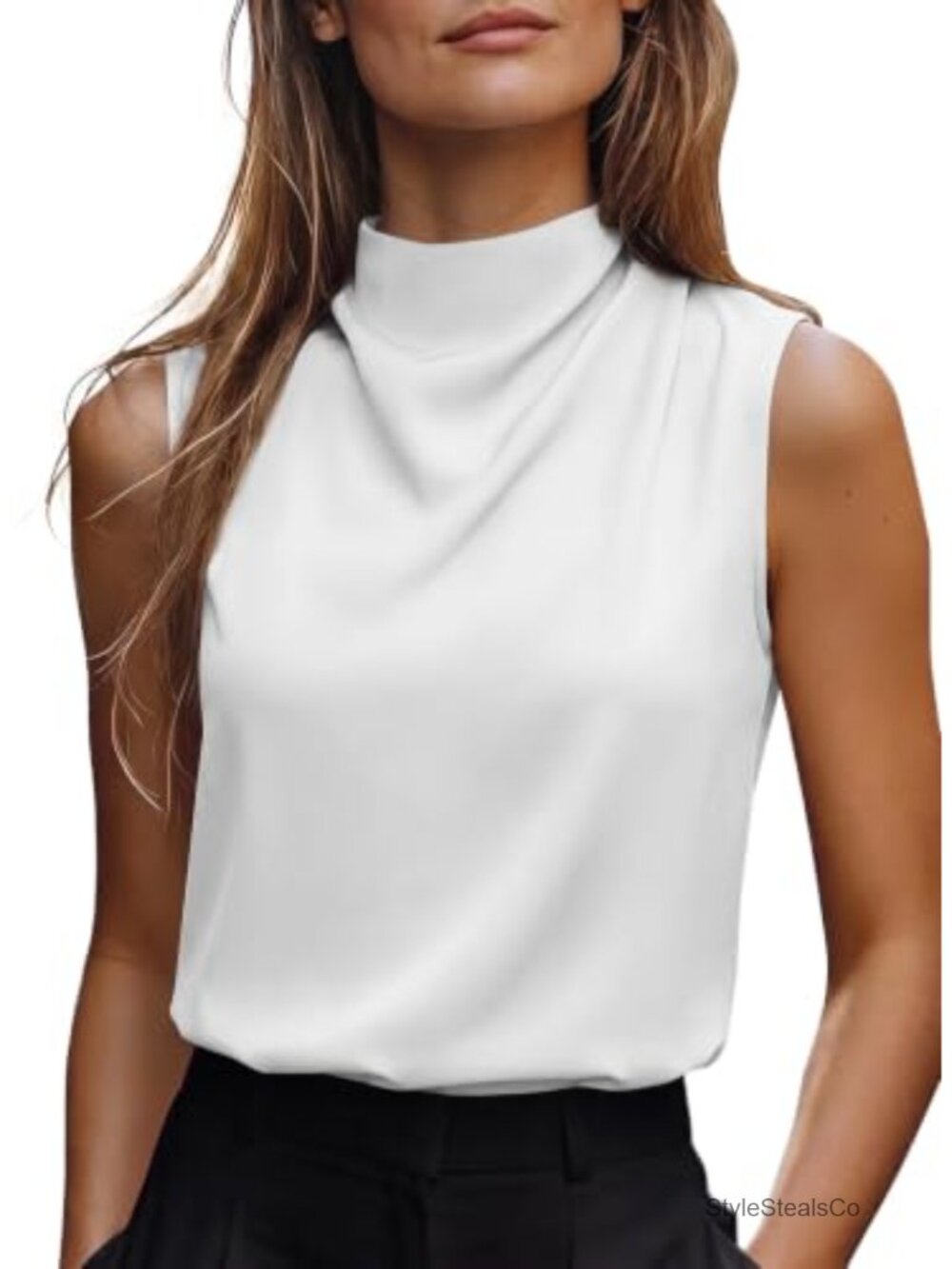 Sleeveless Mock Neck Business Casual Tank Top Pleated Work Shirt